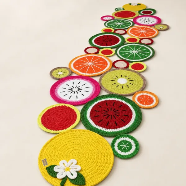 Handmade Fruit Motif Crochet Cotton Table Runner, 200×55 cm