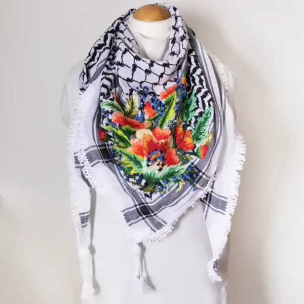 Colorful Floral Embroidered Keffiyeh Scarf with Turkish-Stitch Embroidery