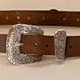 Brown with Ornate Silver Buckle Leather Belt with Artisan Finish