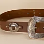 Brown with Ornate Silver Buckle Leather Belt with Artisan Finish