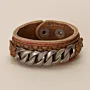 Brown with Wide Metal Chain Leather Bracelet with Artisan Finish
