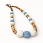 Blue and White Crochet Bead Necklace with Olive Wood