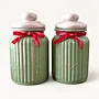 Set of 2 Sage Green Hand-Painted Glass Storage Jars