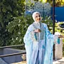 Blue Tie-Dye Light Abaya with Floral Trim