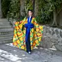 Printed Silk Satin Kimono with Wide Navy Obi Belt