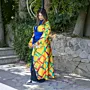 Printed Silk Satin Kimono with Wide Navy Obi Belt