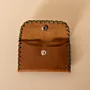 Compact Snap Leather Wallet – Tan with Green Stitching – 10.5x6.5x1 cm