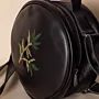 Round Olive Branch Leather Bag – Black & Olive Branch Embroidery – Ø20xH10 cm