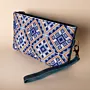 Embroidered Leather Wristlet Clutch – Blue Geometric Embroidery – 20x12x5.5 cm