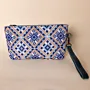 Embroidered Leather Wristlet Clutch – Blue Geometric Embroidery – 20x12x5.5 cm