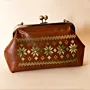Embroidered Faux Leather Clasp Bag – Brown with Green Tatreez – 31x15x7 cm