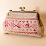Embroidered Faux Leather Clasp Bag – Beige with Pink Tatreez – 31x15x7 cm