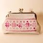 Embroidered Faux Leather Clasp Bag – Beige with Pink Tatreez – 31x15x7 cm
