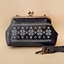 Embroidered Faux Leather Clasp Bag – Navy with White Tatreez – 31x15x7 cm