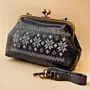 Embroidered Faux Leather Clasp Bag – Navy with White Tatreez – 31x15x7 cm