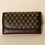 Geometric Leather Long Wallet – Brown with Green Geometric Detail – 20x10x2 cm