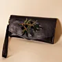 Olive Branch Leather Wristlet – Black Embroidered – 20x10.5x1 cm