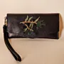 Olive Branch Leather Wristlet – Black Embroidered – 20x10.5x1 cm