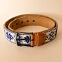 Embroidered Leather Belt – Tan with Blue Tatreez – 100x3.5 cm