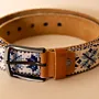 Embroidered Leather Belt – Tan with Blue Tatreez – 100x3.5 cm