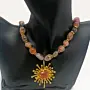 Agate Necklace with Gold-Plated Sunburst Pendant & Burgundy Agate