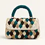 Brown Teal and Beige Wheat-Stitch Handbag with Crochet Handle