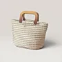 Off-White Crochet Bag with Wooden Handle & Zipper - 24x18 cm