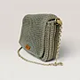 Khaki Crochet Shoulder Bag with Double Magnetic Closure - 27x17x9 cm thumbnail