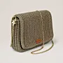 Khaki Crochet Shoulder Bag with Double Magnetic Closure - 27x17x9 cm thumbnail