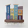 Handmade Wooden Wall Key Holder with Blue Purple City Facade Design