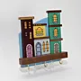 Handmade Wooden Wall Key Holder with Green Teal City Facade Design