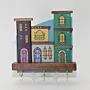 Handmade Wooden Wall Key Holder with Green Teal City Facade Design