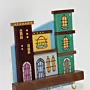 Handmade Wooden Wall Key Holder with Green Teal City Facade Design