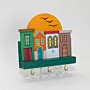 Handmade Wooden Wall Key Holder with Green Sunrise Houses Design