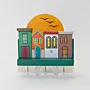Handmade Wooden Wall Key Holder with Green Sunrise Houses Design