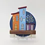 Handmade Wooden Wall Key Holder with Orange Blue Crescent Houses Design