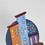 Handmade Wooden Wall Key Holder with Orange Blue Crescent Houses Design