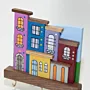 Handmade Wooden Wall Key Holder with Blue Sky Neighborhood Block Design