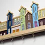 Handmade Wooden Blue Pastel City Wall Key Holder - 50 x 15 cm