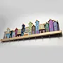 Handmade Wooden Blue Pastel City Wall Key Holder - 50 x 15 cm