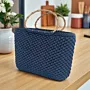 Large Navy Crochet Basket Bag with Bone Handle - Turkish Yarn