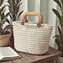 Off-White Crochet Bag with Wooden Handle & Zipper - 24x18 cm