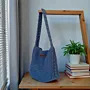 Blue Daily Crochet Bag with Leather Base & Dual Locks - 24x20x6 cm