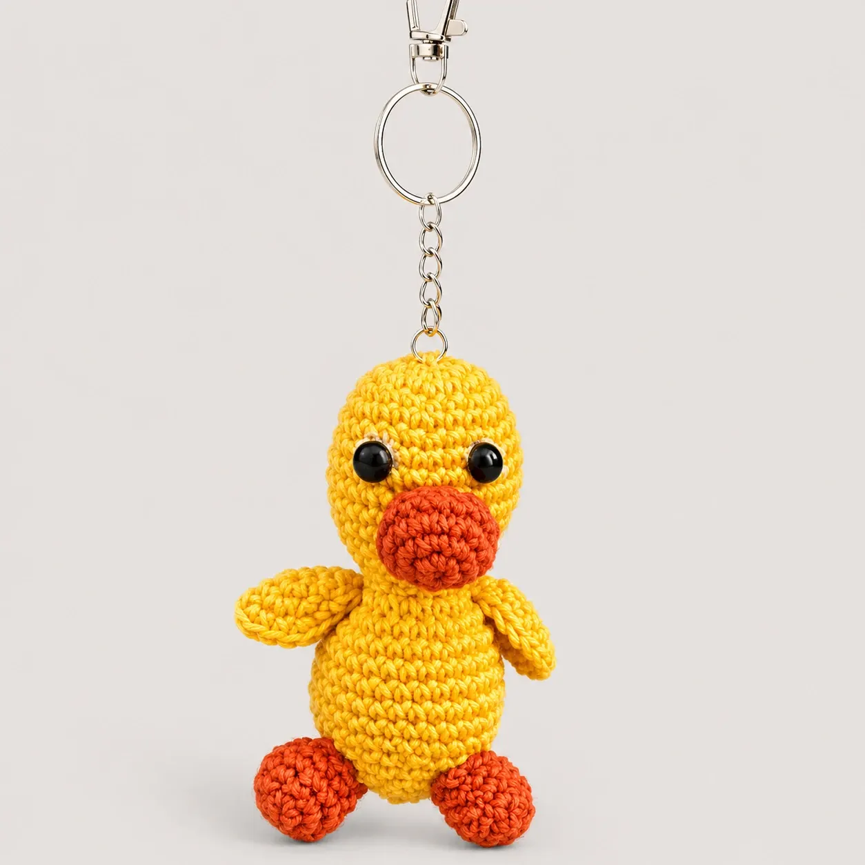 Handmade Crochet Bright Yellow Duck Keychain with Orange Details