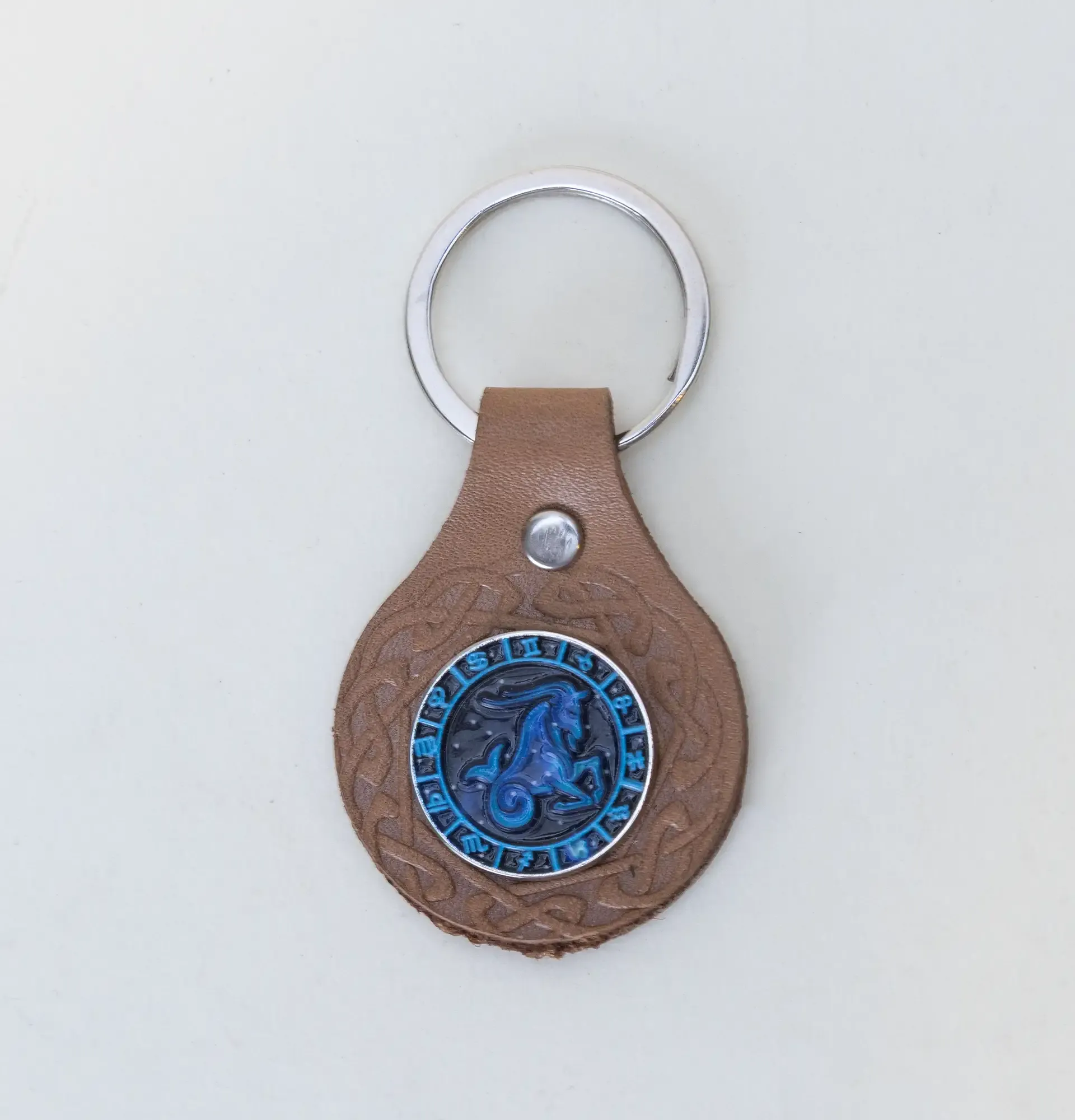 Artisan Natural Leather Keychain with Capricorn Zodiac Medallion
