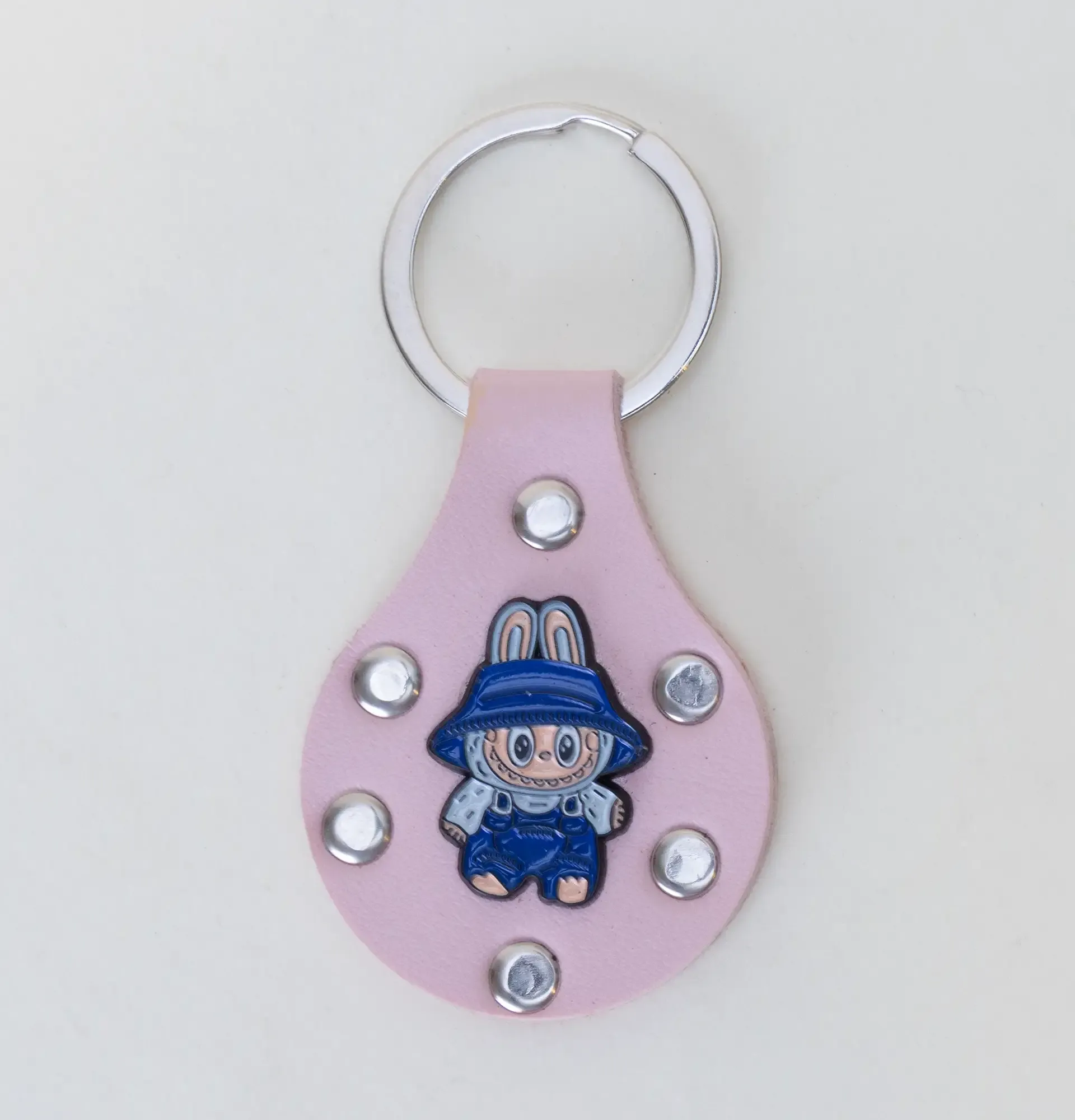 Leather Keychain with Blue Labubu Character Handcrafted Design