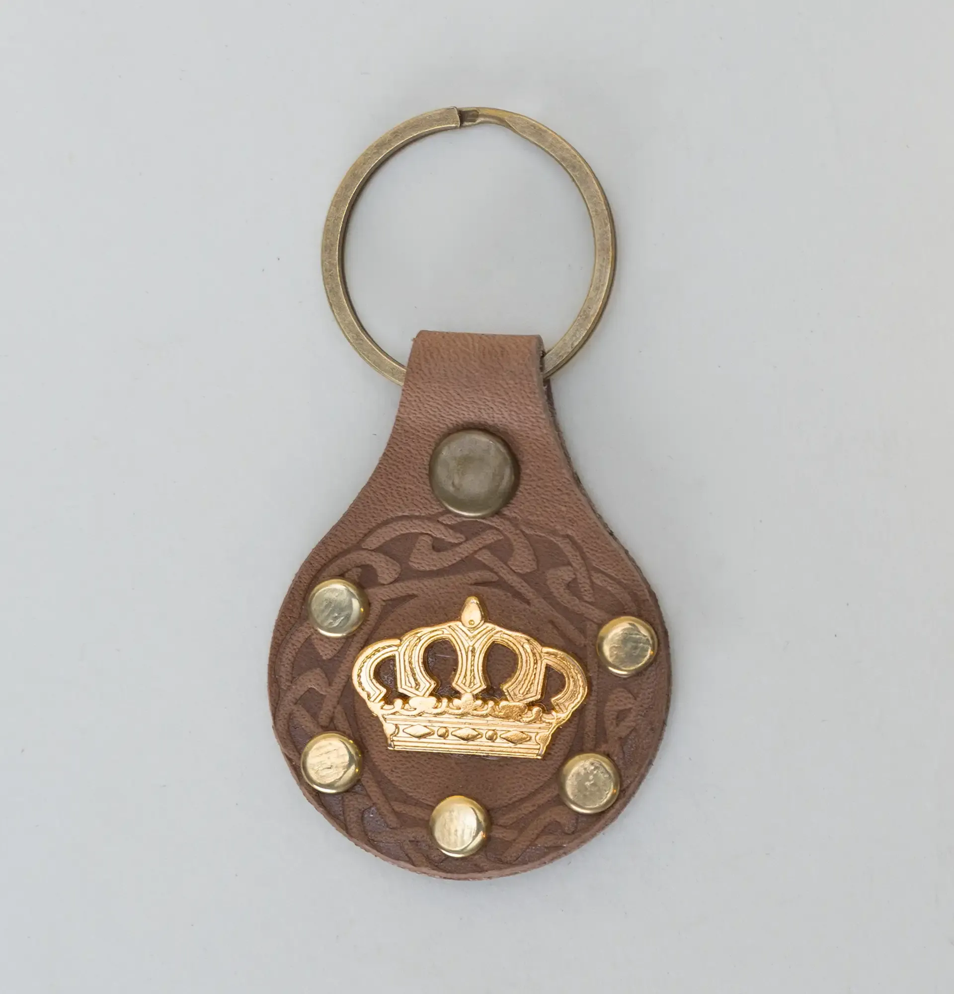 Handcrafted Leather Keychain with Gold Crown with Metal Studs