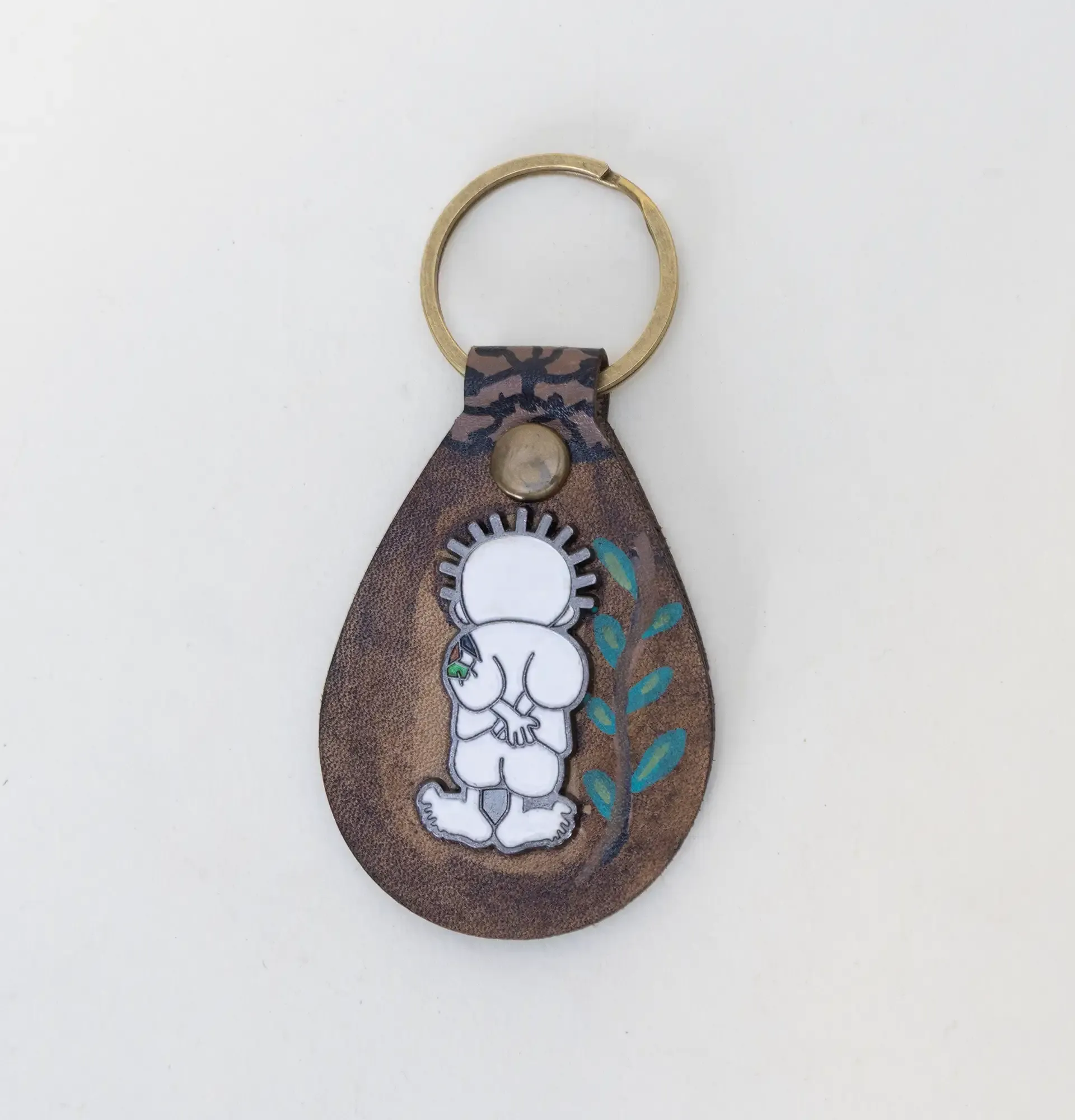 Natural Leather Keychain with Handala Character with Floral Motifs