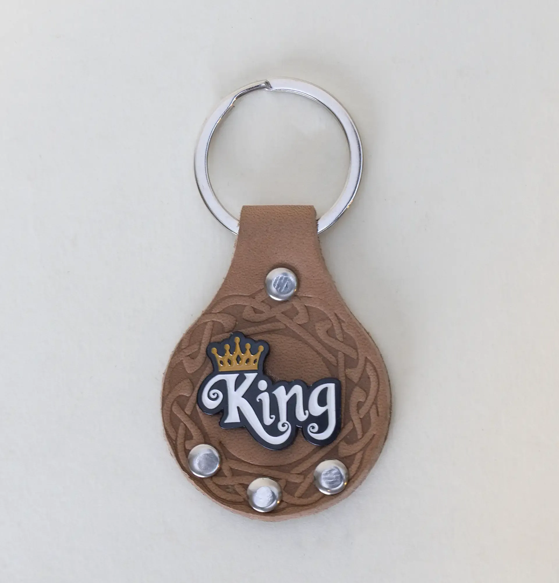 Handmade Natural Leather Keychain with King Lettering and Crown
