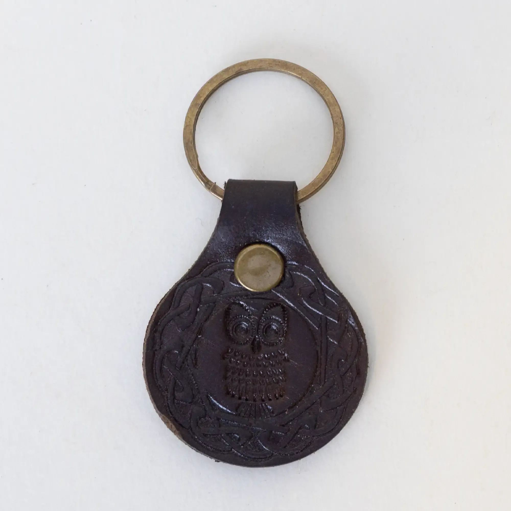 Leather Keychain with Embossed Owl Medallion Handcrafted Design